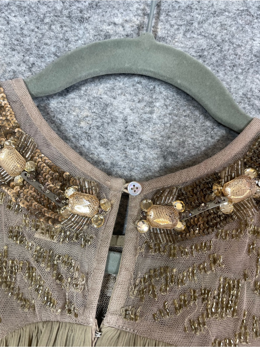 Anthropologie Moulinette Soeurs Beaded Chiffon Dress 6 Taupe Grecian Boho Tunic - Picture 13 of 16